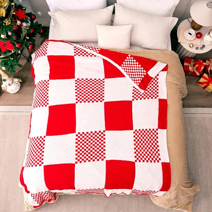 Red Checkered Throw Blankets for Christmas, Buffalo Plaid Throw Blanket Ultra Soft Warm Premium Microfiber Yarn Blanket for Couch, Reversible Cozy Knitted Blanket,Red White,50"x60"