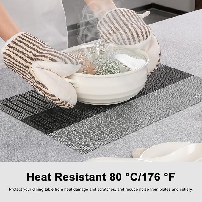 Placemats Set of 6, Vinyl Woven Heat-Resistant Place Mats | Washable Wipeable PVC Table Mats, Non Slip Placemat for Kitchen Dining Indoor Outdoor Table (Gray Black, Set of 6)