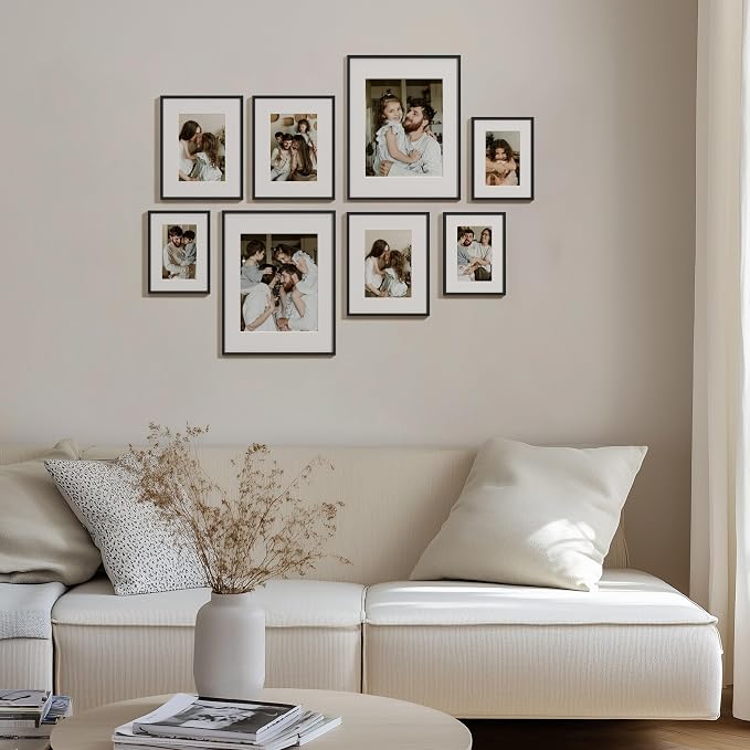 eletecpro Aluminum Gallery Wall Frame Set of 8 with Glass Cover, Black | Including 2Pcs 11x14, 3Pcs 8x10, 3Pcs 6x8 Photo Frames, Multiple Sizes Picture Frames Collage Wall Decor or Tabletop Display