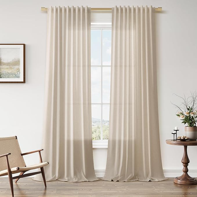 Extra Long Linen Curtains 102 Inches for Living Room Back Tab Semi Sheer Floor to Ceiling Light Filtering Curtain Boho Farmhouse Decor Window Drapes for Bedroom 2 Panels Birch Beige