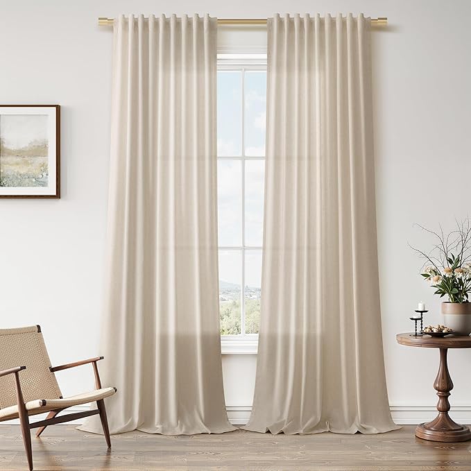 Extra Long Linen Curtains 108 Inches for Living Room Back Tab Semi Sheer High Floor to Ceiling 9ft Light Filtering Curtain Boho Farmhouse Decor Window Drapes for Bedroom 2 Panels Birch Beige