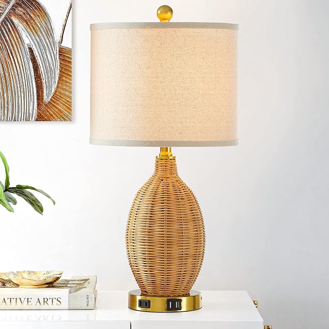 CINSARY Touch Control Rattan Table Lamps, 3 Way Dimmable Bedside Lamps for Bedroom Set of 2 with 2 USB Ports and AC Outlet, Wicker Nightstand Lamps for Living Room (LED Bulbs Included), Gold