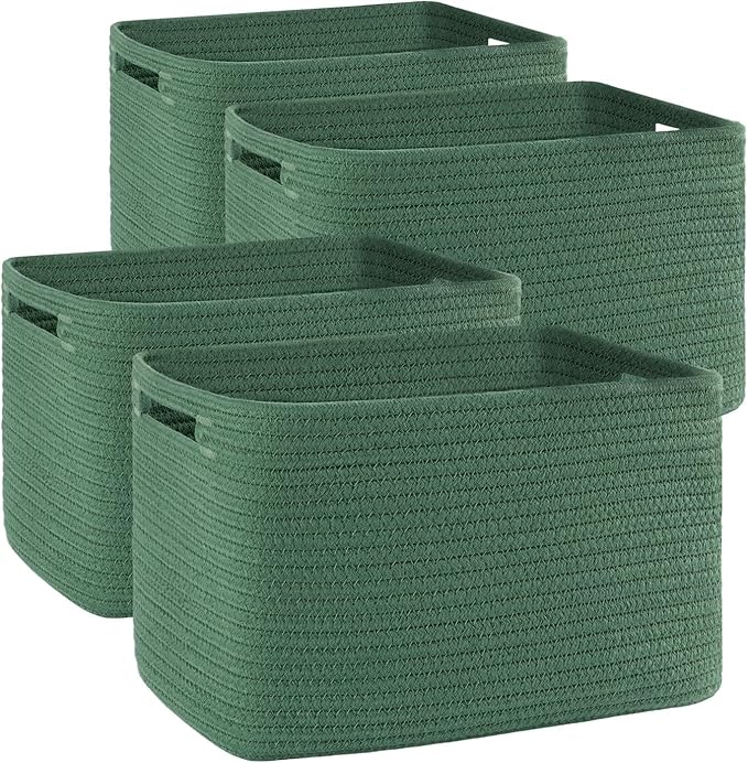 OIAHOMY 4 Pack Storage Baskets for Organizing 15L Cube Storage Bins Green | Woven Baskets for Storage Rectangle Small Baskets With Handles Baskets for Shelves Wicker Baskets for Shelves 12.7x9x7.8inch
