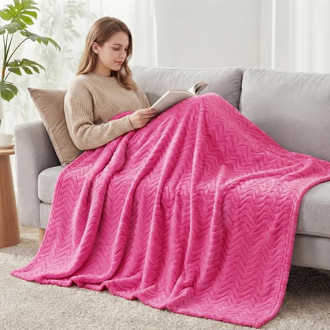 Exclusivo Mezcla Large Fleece Throw Blanket for Couch, Sofa, Hot Pink | 50"x70" Soft Breathable Lightweight Flannel Throws for Summer, Plush Cozy Jacquard Wave Blanket for Home Decor