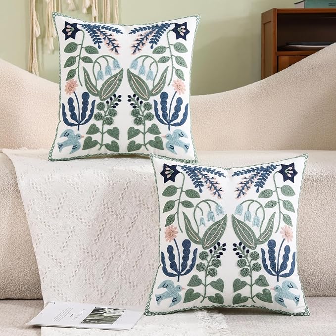 Embroidered Throw Pillow Covers 16x16 inch Set of 2 Blue Birds | Durable Fabric,Square Pillow Cover,Boho Decorative,Hidden Zipper,Aesthetic Design,Ideal Gift,Machine Washable