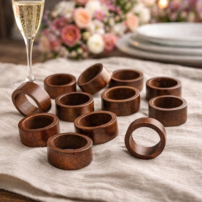 Wooden Napkin Rings Set of 12, Rustic Hemlock Wood Table Napkin Holder, Handcrafted Decorative Farmhouse Napkin Rings for Weddings, Boho, and Everyday Table Settings