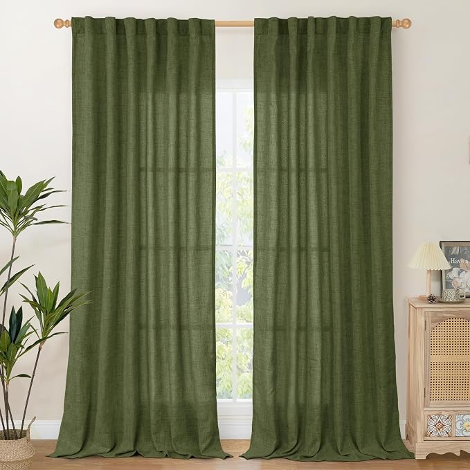 YoungsTex Dark Green Linen Curtains for Living Room 84 Inch Length, Light Filtering Drapes with Rod Pocket Back Tab Window Treatments Spring Decor for Dining Bedroom, 2 Panels, 52 X 84 Inch