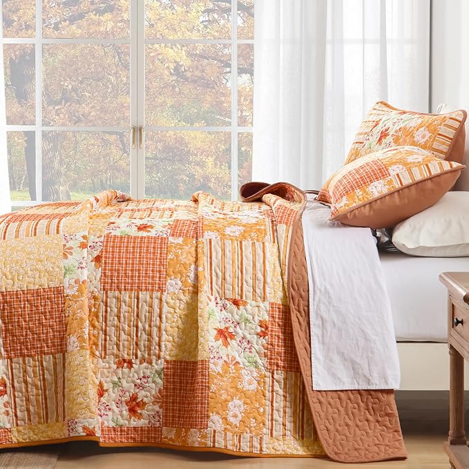 Mybedsoul Orange Boho Quilts Queen Size, Patchwork Floral Fall Bedding Set | Soft Lightweight Microfiber Floral Coverlet Set, 3 Pieces Plaid Floral Bedspread, Bed Sets for All Seasons 90"x96"