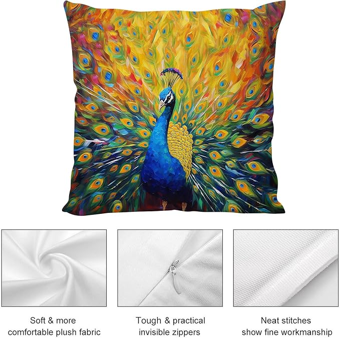 Beautiful Peacock Throw Pillow Cover 18"x18" Outdoor Pillow Cases Set of 2 Decorative Cushion Covers for Sofa Bed Chair Living Room Decor