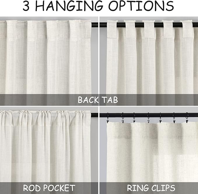 Cream Linen Curtains 112 Inches Long for Living Room Extra Long Back Tab Curtains Neutral Farmhouse Light Filtering Semi Sheer Linen Drapes Ceiling to Floor for Large Window 2 Panels Set 52x112