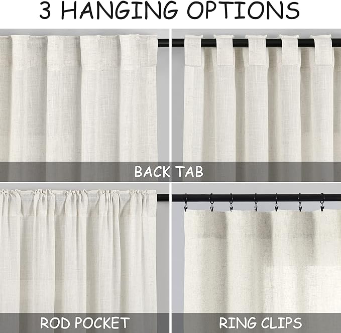 Extra Long Curtains 2 Panels 141 Inches Long for Dinning Room Cream Back Tab Rod Pocket Light Filtering Semi Sheer Drapes Cotton Linen Textured Window Curtain for Bedroom 52x141