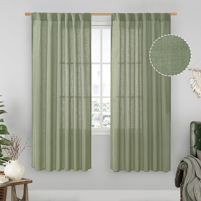 Sage Green Light Filtering Linen Curtains 68 inches Long for Bedroom | Faux Linen Textured, Semi Sheer, Rod Pocket Back Tab, Boho Modern Drapes for Living Room, Farmhouse, 2 Panels, 52 x 68 Inch