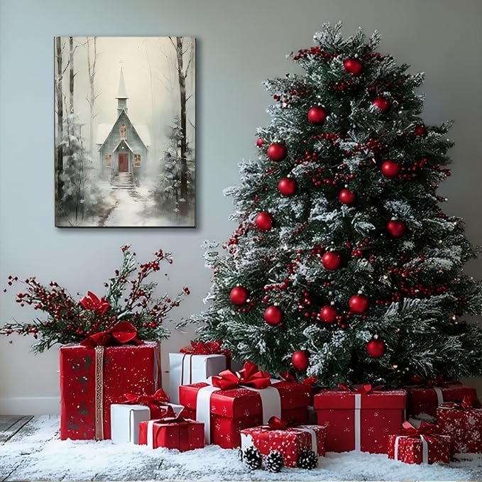 Winter Cabin Wall Art Poster Print 16x24inch, Snowy Forest Scene Art, Framed Christmas Prints – Christmas Canvas for Living Room & Bedroom, Christmas Decorations, Holiday Wall Decor