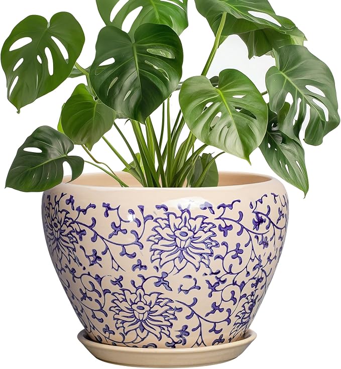 Ceramic Pots for Plants - 8 Inch Plant Pot with Drainage Hole and Saucer, Modern Flower Pots for Indoor Outdoor Plants, Round Decorative Planter, Bedroom Decor, Plant Lover Gift, Retro Blue