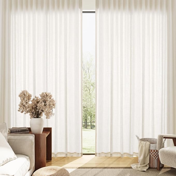 Extra Long Linen Curtains 102 Inches for Living Room Back Tab Semi Sheer Floor to Ceiling Light Filtering Curtain Boho Farmhouse Decor Window Drapes for Bedroom 2 Panels Beige Cream