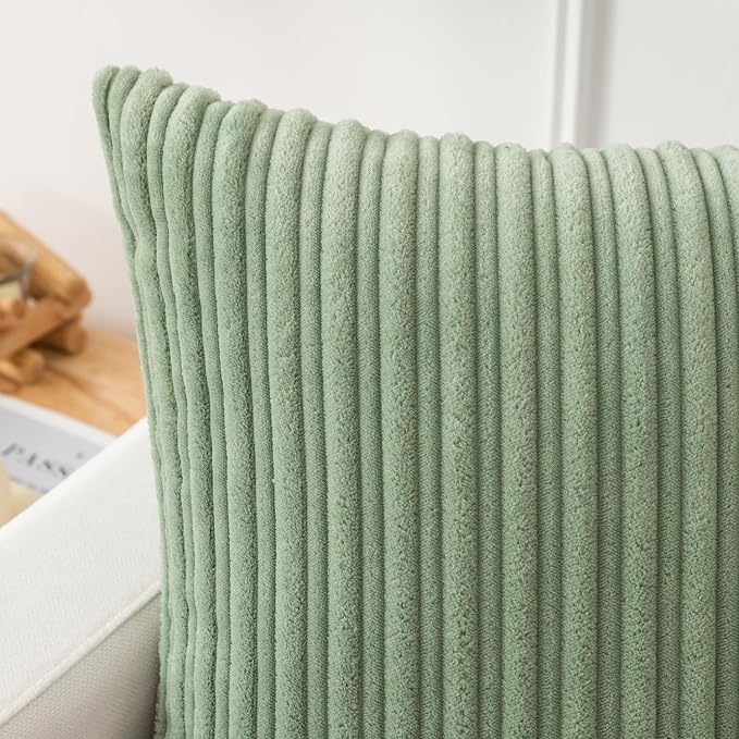 Kevin Textile Striped Corduroy 22”x22” Pillow Covers 2 Pack, Sage Green