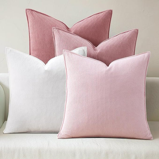 Pack of 4 Throw Pillow Covers Corduroy 18x18 Inch,Pink | Decorative Velvet Couch,Summer Cases Square,Farmhouse Boho Cushion Covers for Sofa Bed Living Room Home Decor & Office