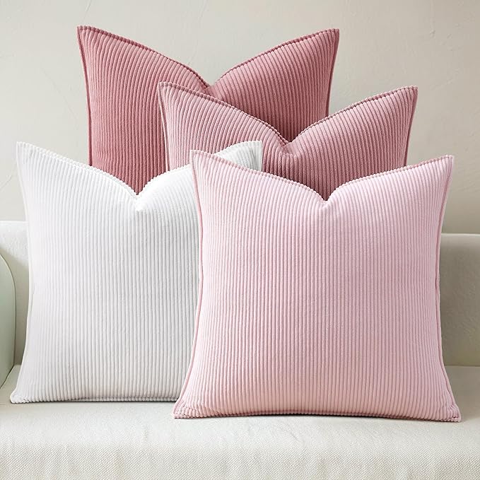 Pack of 4 Throw Pillow Covers Corduroy 16x16 Inch,Pink | Decorative Velvet Couch,Summer Cases Square,Farmhouse Boho Cushion Covers for Sofa Bed Living Room Home Decor & Office