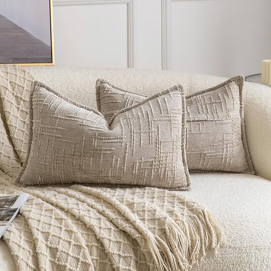 MADIZZ Pack of 2 Chenille Throw Pillow Covers 12x20 Inch Taupe Soft Neutral Decorative Throw Pillows for Couch Sofa Boho Accent Cushion Covers Modern Farmhouse Home Decor for Bedroom Living Room