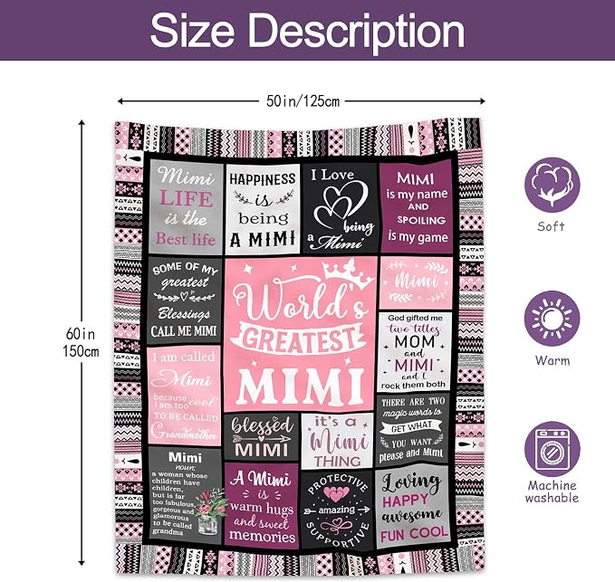 Ruvinzo Mimi Gifts for Grandma, Birthday Gifts for Mimi, Grandma Bday Gift, Grandmother Gift Ideas, Best Mimi Ever Gift Soft Throw Blanket 60” x 50”