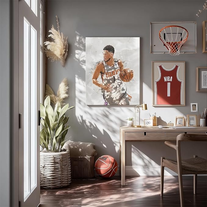 Devin Booker Basketball Canvas Wall Art, Sports Player Poster, 24x30 Inch | Abstract splash ink athletic artwork, motivational sports wall decor for teen boys room, bedroom, living room, gym or office