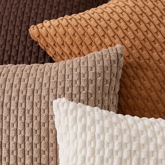 Kevin Textile Decorative Pillow Covers 20x20 Inch Set of 4 Soft Boho Corduroy Throw Pillow Cases Mix and Match Colors Plush Texture Throw Pillows for Sofa Couch Bedroom Home Decor Neutral Brown