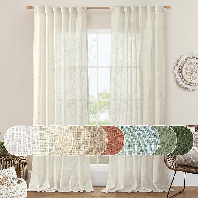 Ivory 90 Inches Long Linen Semi Sheer Curtains for Living Room | Light Filtering Boho Panels, Rod Pocket Back Tab, Natural Curtains, Bedroom, Dining Room, Farmhouse, 52 x 90 Inch, 2 Panels