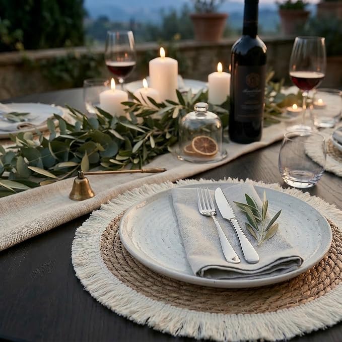 Round Placemats Set of 4, 13.5 in Woven Bulrush Table Mats with Cream Fringe Edge, Charger Plates for Dining Table