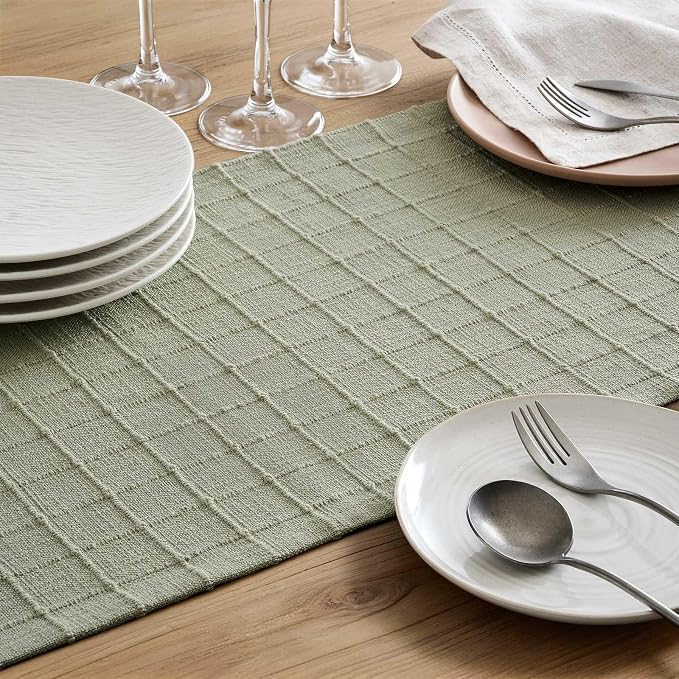 ZeeMart Artisanal Grid Linen Table Runner, 13x48 Inches Seeding Green | Heavy Textured, Durable Thick Fabric, Farmhouse Handwoven Feel Linen Runner, Easy Care Table Decor for Kitchen Dining Room