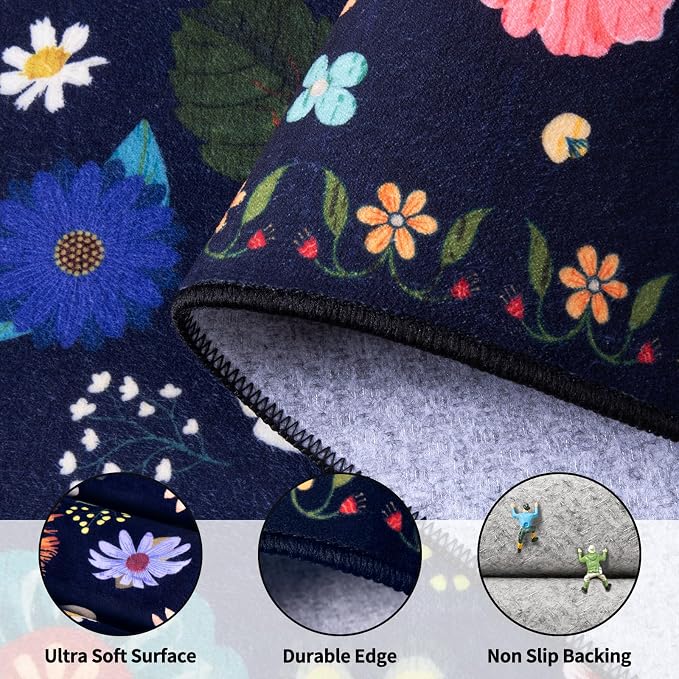 Ciicool 4x6 Washable Area Rug Floral Living Room Rugs for Bedroom Bedside | Soft Low Pile Carpet for Hallway Entryway Playroom Laundry Office Home Boho Non-Slip Black Carpets