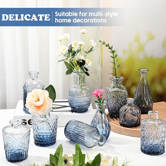 Inbagi 20 Pcs Glass Bud Vase Set - Small Flower Vases Bulk, Vintage Embossed Decorative Bottles for Wedding Valentine Home Table Centerpieces Decor, Gradient Blue