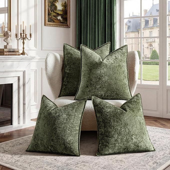 a moment Throw Pillow Covers 20X20 Inch 4 Packs,Soft Velvet Decorative Pillow Cases with 3D Ice Flower,Texture Modern Accent Cushion Covers for Sofa Couch Home Decor Moss Green