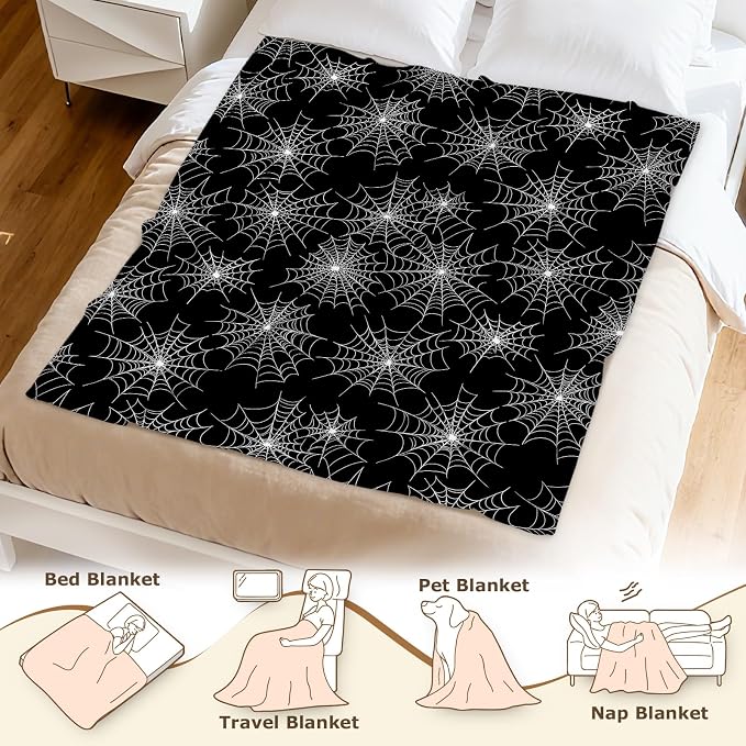 Aimego Halloween Spider Web Blanket Gothic Spider Webs Gifts for Men Boys Spiders Web Throw Blanket Black and White Goth Halloween Decor for Living Room Sofa Bed(50X60 Inch)
