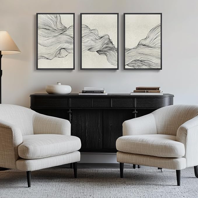 Framed Black and Beige Abstract Wall Art, 3 Piece Modern Canvas Prints Paintings Artwork for Walls, Minimalist Abstract Line Pictures for Living Room Dining Room Bedroom Office Wall Decor 16x24 In