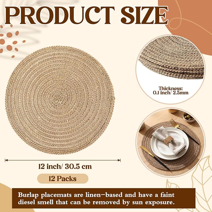 12 Inch Round Woven Placemats Set of 12 Burlap Boho Jute Charger Bulk Rustic Vintage Natural Brown Heat Resistant Dining Table Mat for Wedding Farmhouse Craft Home Kitchen Summer Party Decor