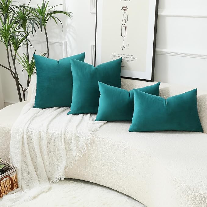 Stellhome Soft Velvet Throw Pillow Covers Square Decorative Cushion Covers for Bed Couch Sofa Bench, 26 x 26 inch (65 x 65 cm), Teal, Pack of 2