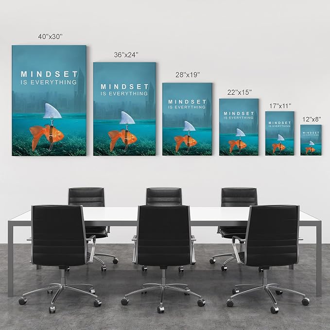 Smile Art Design Mindset is Everything Wall Art Canvas Print Goldfish Shark Entrepreneur Inspirational Motivational Quote Living Room Home Bedroom Office Decor Ready to Hang 12x8