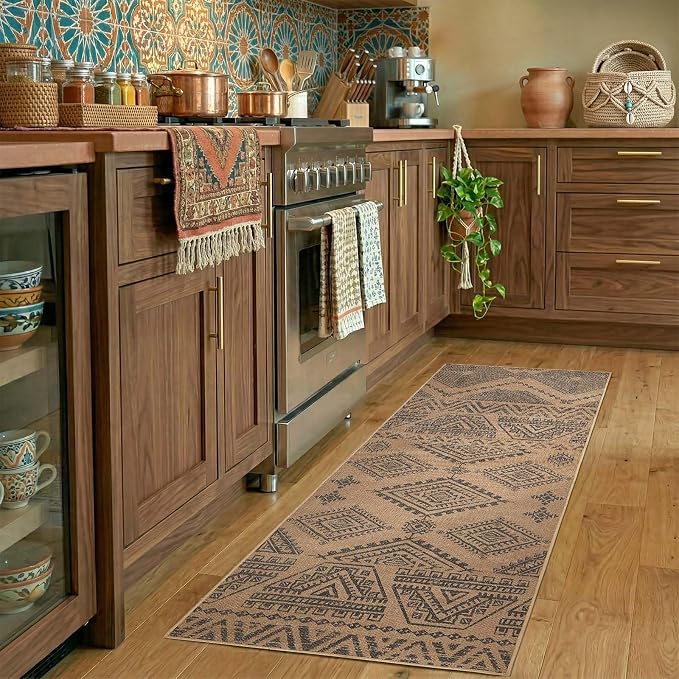 jinchan 2x6 Faux Jute Runner Rug Washable Boho Hallway Rug Natural Charcoal | Southwestern Geometric, Non-Slip Low Pile, Indoor Outdoor, High-Traffic, Kitchen, Bathroom, Laundry, Porch, Balcony, Entryway