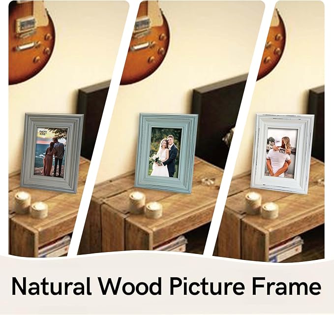 Vintage 4x6 Inches Wooden Picture Frame Pack of 3 Farmhouse Aqua Grey White - Rustic Thick Wood High Definition Glass Photo Frame Outside 6x8 Inches - 2 Ways Display Tabletop or Wall Mounted