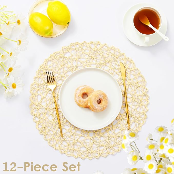 IcosaMro Beige Round Placemats Set of 12 for Dining Table, 13 Inches Paper Woven Boho Small Decorative Circle Place Mat for Wedding Christmas Thanksgiving Day Holiday Dinner, Beige