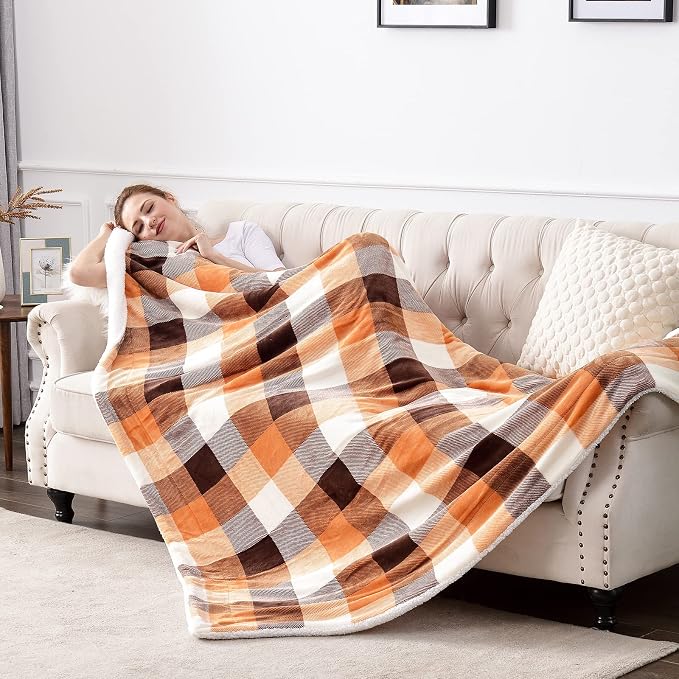 SOCHOW Buffalo Plaid Sherpa Fleece Throw Blanket, 50 x 60 inches, Orange | Fall Double-Sided Checkered Super Soft Luxurious Bedding Blanket