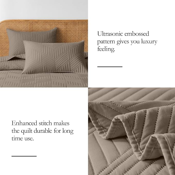 Davulos King/Cal King Quilt Set in Mocha Brown,Soft Reversible Microfiber Bedspread for All-Season Use in Bedroom or Dorm,Lightweight Modern Geometric Coverlet (1 Quilt, 2 Pillow Shams)