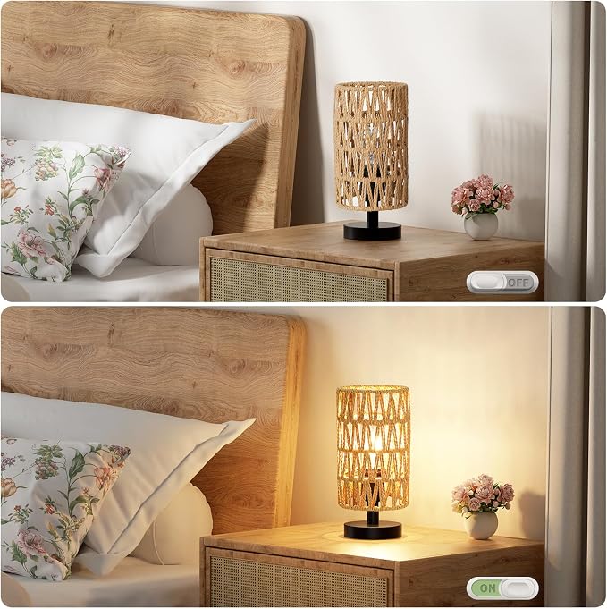 Fenmzee Table Lamps (Rattan Rope Shade - Black Base, 9" Inline Control)
