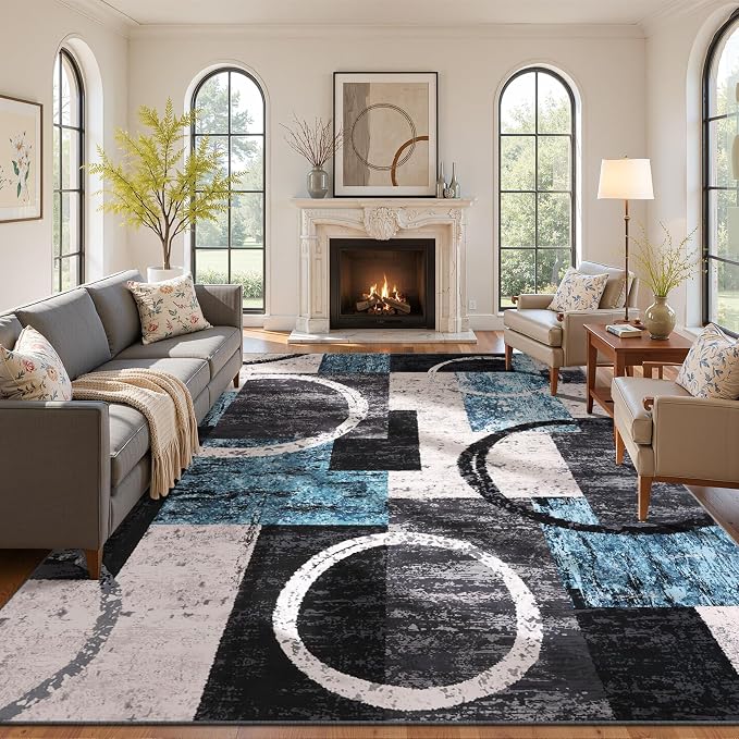Yamaziot 9x12 Washable Modern Abstract Area Rug Non-Slip Living Room Rug | Stain Resistant, Low Pile, Ultra Soft Carpet Rug with Rubber Backing for Dining Room, Nursery, Bedroom, Office, Blue