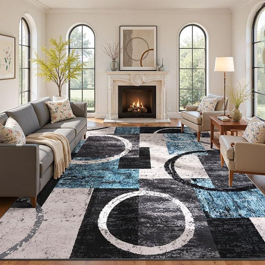 Yamaziot 9x12 Washable Modern Abstract Area Rug Non-Slip Living Room Rug | Stain Resistant, Low Pile, Ultra Soft Carpet Rug with Rubber Backing for Dining Room, Nursery, Bedroom, Office, Blue