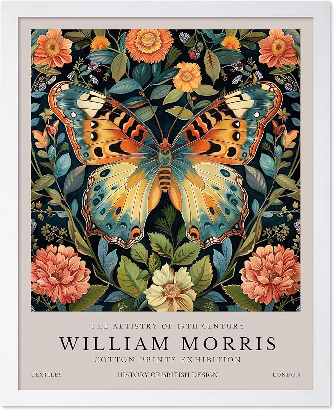 Poster Master William Morris Poster - Butterfly Print - Botanical Art - Flower Art - Exhibition Artwork - Animal Creation - Floral Piece - Aesthetic Illustration - Office or Living Room Decor - 16x20 White Framed