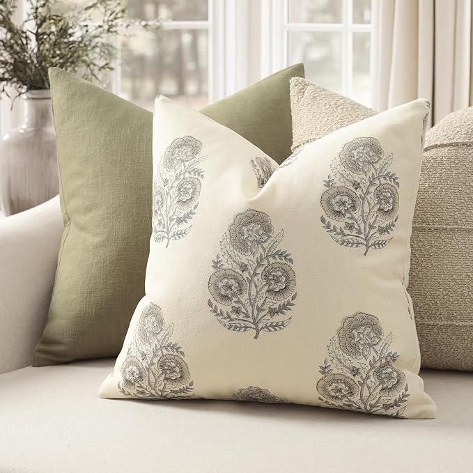 YCOLL Vintage Floral Print Pillow Covers 18x18 Set of 2 Patterned Accent Decorative Cushion Covers Modern Farmhouse Throw Pillow Covers for Sofa Couch Chair Bed Living Room Home Decor, Light Taupe
