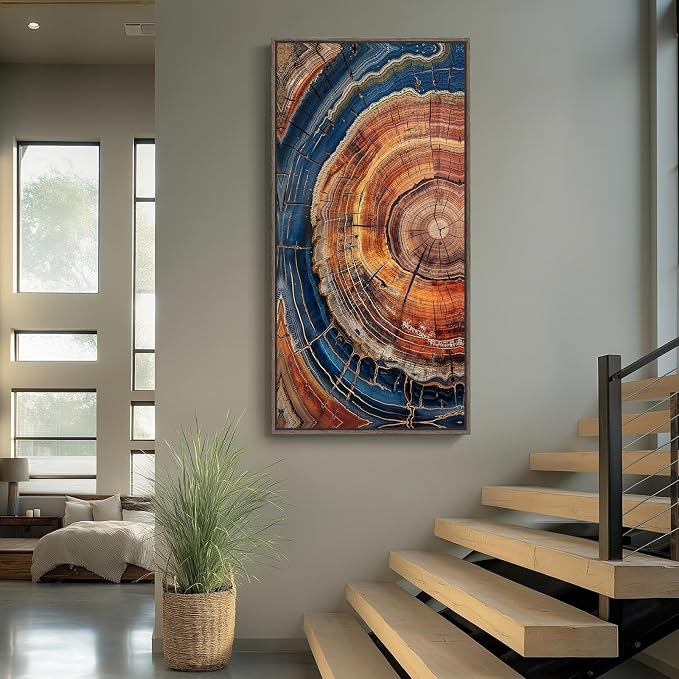 Framed Vertical Vintage Rustic Tree Ring Wall Art for Living Room, 20x40 In | Farmhouse, Nature, Rustic, Wood grain, Large, Office wall art, Foyer wall decor, Ready to hang, Wood frame, Canvas artwork