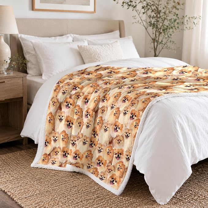 BlessLiving Throw Blanket, Dog Animal Gift, 50x60 in | sherpa fleece fabric, Pomeranian Golden Dense Pet Blankets Puppy print, for couch or sofa, pet lovers, easy machine care