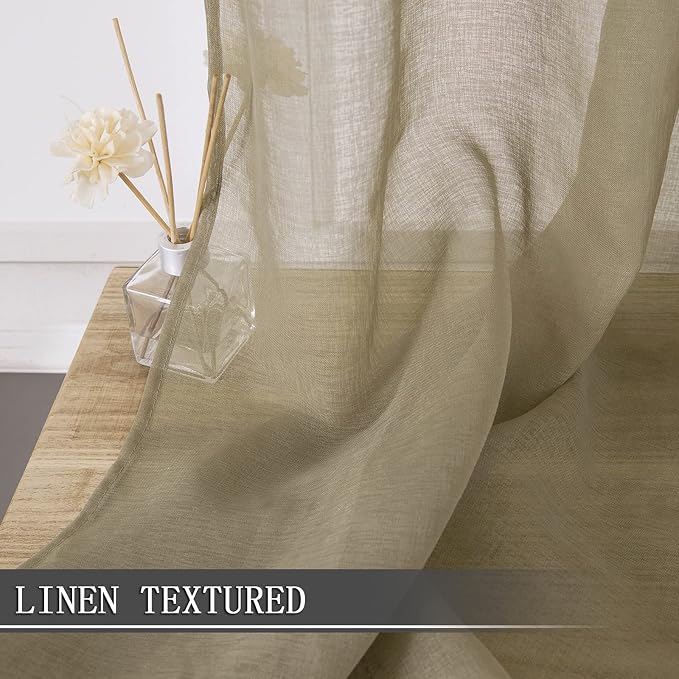Tollpiz Sheer Curtains Linen Textured Living Room Curtain Sheers Light Filtering Rod Pocket Voile Curtains for Bedroom, 42 x 63 inches Long, Taos Taupe, Set of 2 Panels